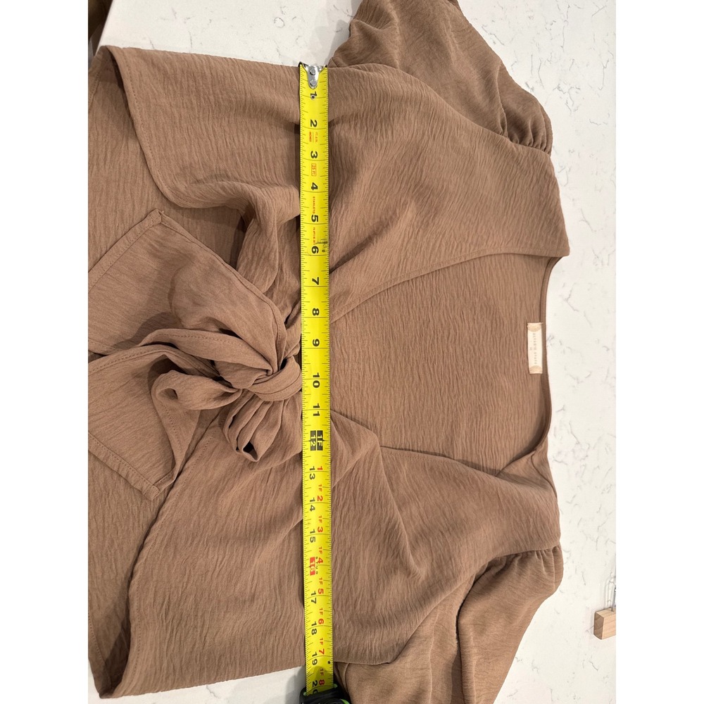 Altar'd State Brown Tie Front Crop Top Short Puff Sleeve V-Neck Crepe Boho M - Picture 6 of 6